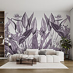 Papel de parede Desenho de folhas e flores tropicais.