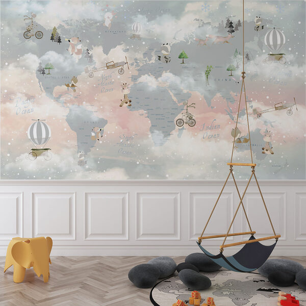 Mapa do mundo com nuvens e animais Papel de parede Mapa do mundo com nuvens e animais
