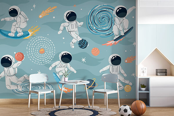 Desenho animado de um astronauta numa prancha de surf Papel de parede Desenho animado de um astronauta numa prancha de surf