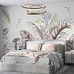 Papel de parede Folhagem tropical com dois colibris.