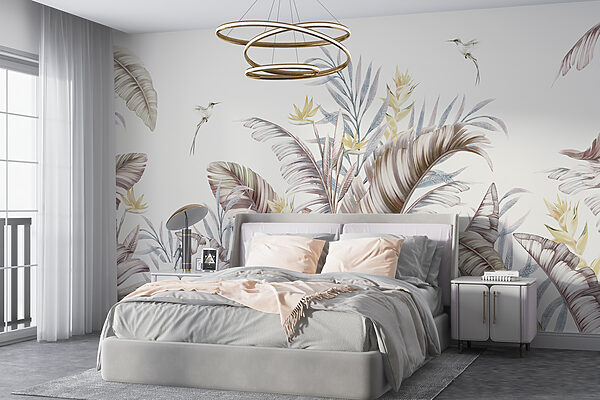 Folhagem tropical com dois colibris Papel de parede Folhagem tropical com dois colibris