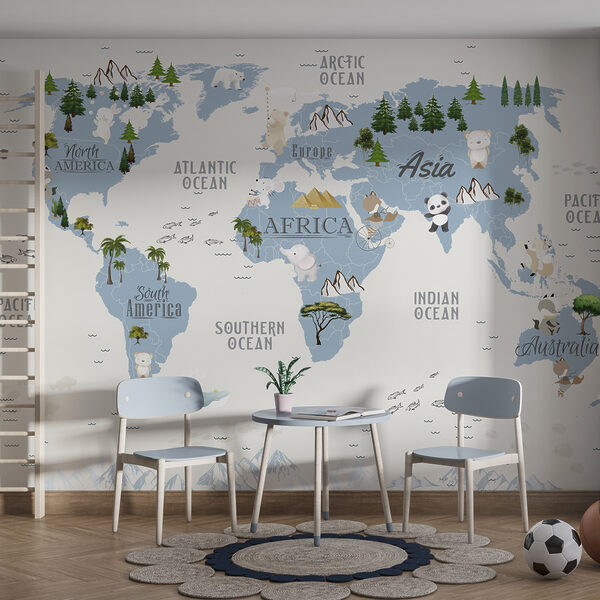 Mapa do mundo com animais e texto Papel de parede Mapa do mundo com animais e texto