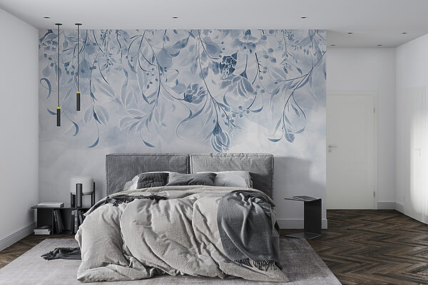 Padrão floral azul com folhas em redemoinho Papel de parede Padrão floral azul com folhas em redemoinho