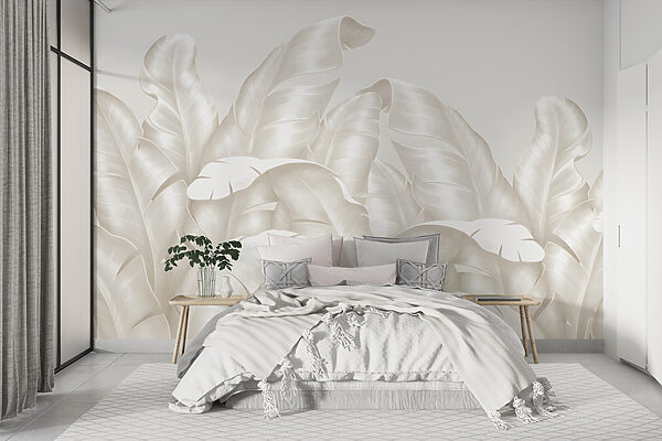 Folhas elegantes em tons brancos suaves Papel de parede Folhas elegantes em tons brancos suaves