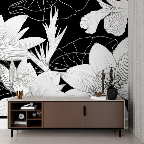 Desenho floral elegante a preto e branco Papel de parede Desenho floral elegante a preto e branco