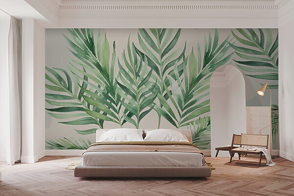 Folhas tropicais em aguarela suave Papel de parede Folhas tropicais em aguarela suave