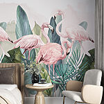 Papel de parede Grupo de flamingos cor-de-rosa e folhas