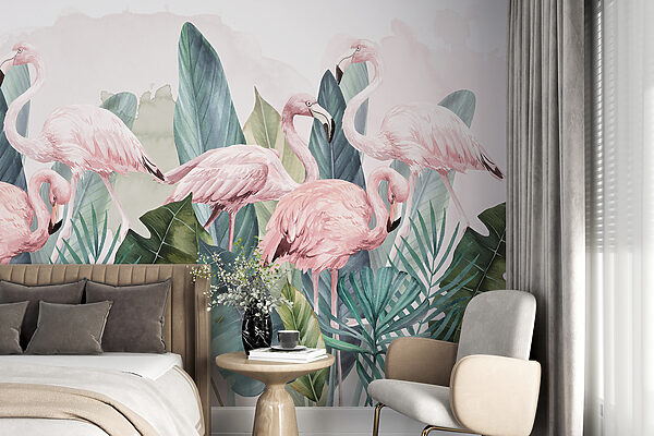 Grupo de flamingos cor-de-rosa e folhas Papel de parede Grupo de flamingos cor-de-rosa e folhas