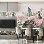 Papel de parede Grupo de flamingos cor-de-rosa e folhas