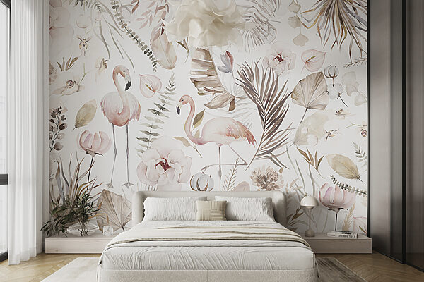 Os flamingos dançam no meio de sonhos botânicos Papel de parede Os flamingos dançam no meio de sonhos botânicos
