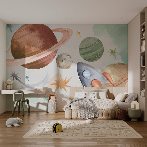 Papel de parede Papel de parede Foguetão a passar por planetas coloridos (REF: w00539)