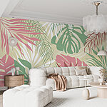Papel de parede Padrão de folhas tropicais em tons pastel.