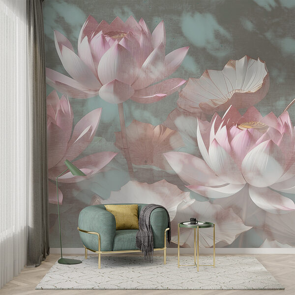 Flores de lótus em tons pastel no meio de folhas Papel de parede Flores de lótus em tons pastel no meio de folhas