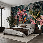Papel de parede Selva exuberante com flores cor-de-rosa vibrantes.
