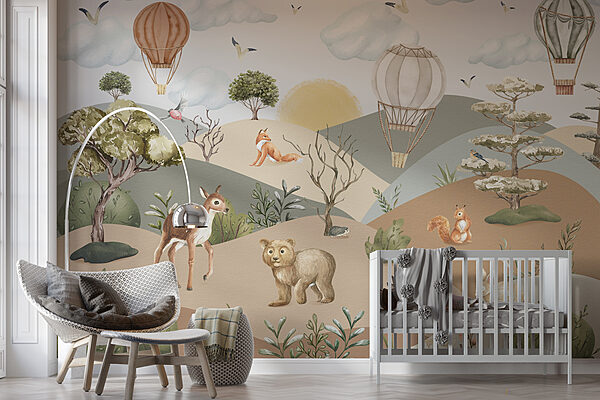 Papel de parede Paisagem com animais e balões de ar quente