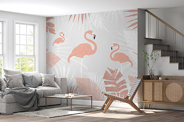 Papel de parede Papel de parede Flamingos entre folhas tropicais padrão (REF: w00791)