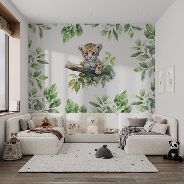 Aguarela de um leopardo bebé num ramo de árvore Papel de parede Aguarela de um leopardo bebé num ramo de árvore