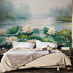 Papel de parede Pintura de um lago com flores brancas e folhas verdes