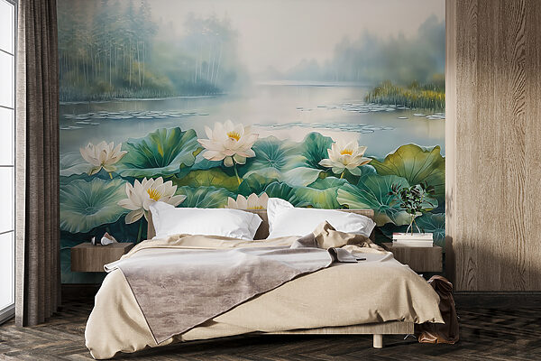 Pintura de um lago com flores brancas e folhas verdes Papel de parede Pintura de um lago com flores brancas e folhas verdes
