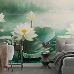 Papel de parede Pintura de flores brancas e folhas num lago