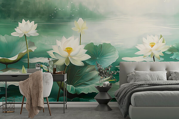 Pintura de flores brancas e folhas num lago Papel de parede Pintura de flores brancas e folhas num lago