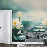 Papel de parede Pintura de flores e folhas brancas sobre a água