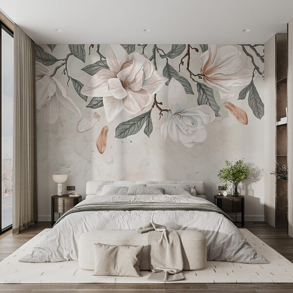 Flores e folhas brancas sobre um fundo branco Papel de parede Flores e folhas brancas sobre um fundo branco