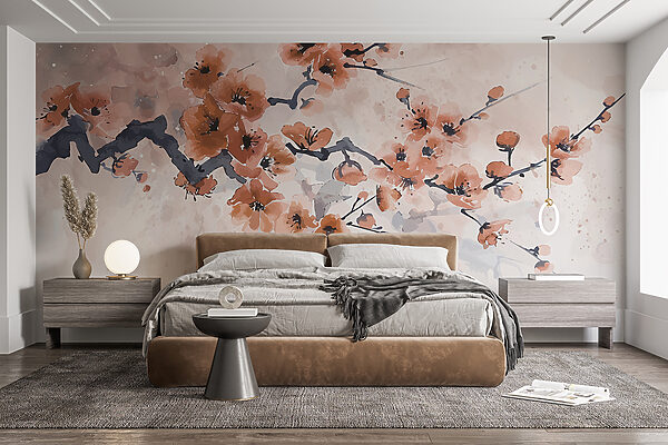 Pintura de um ramo com flores Papel de parede Pintura de um ramo com flores