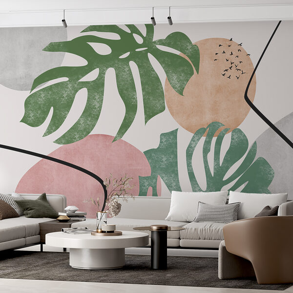 Minimalismo tropical: Pássaros e folhas Papel de parede Minimalismo tropical: Pássaros e folhas