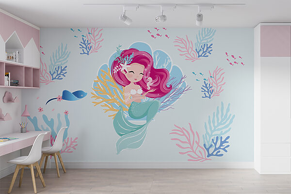 Papel de parede Papel de parede Sereia em desenho animado com cabelo cor-de-rosa e um cavalo-marinho (REF: w08103)