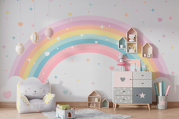 Papel de parede Papel de parede Arco-íris com nuvens e estrelas (REF: w08109)