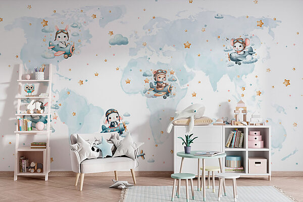Mapa do mundo com animais de banda desenhada Papel de parede Mapa do mundo com animais de banda desenhada