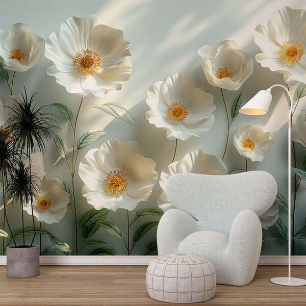 Papel de parede Grupo de flores brancas com folhas verdes