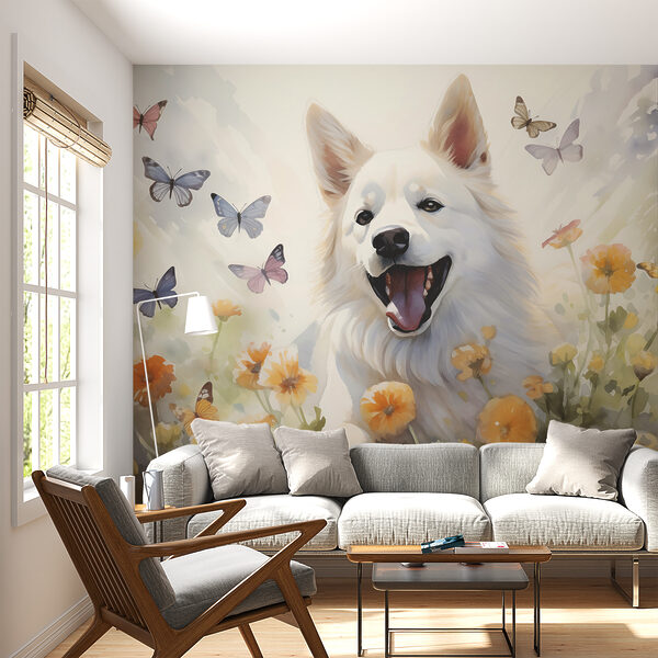 Cão branco com borboletas à volta Papel de parede Cão branco com borboletas à volta
