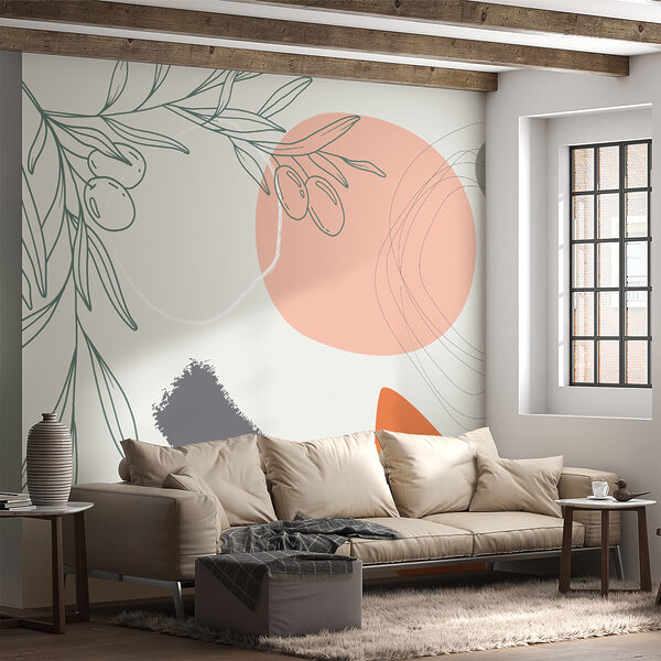 Conceção gráfica de um ramo com azeitonas e círculos Papel de parede Conceção gráfica de um ramo com azeitonas e círculos