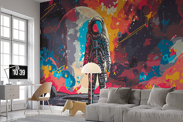 Astronauta no espaço com um grande espaço vermelho e laranja atrás de si Papel de parede Astronauta no espaço com um grande espaço vermelho e laranja atrás de si