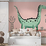 Papel de parede Dinossauro dos desenhos animados com plantas e folhas