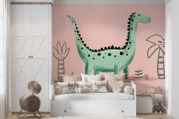 Papel de parede Dinossauro dos desenhos animados com plantas e folhas