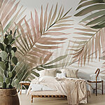 Papel de parede Folhas tropicais em tons suaves.
