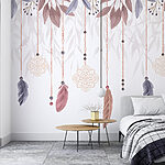 Papel de parede Elegantes motivos florais e de penas pendem.