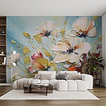 Papel de parede Pintura de flores sobre um fundo azul