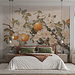 Papel de parede Pintura de um ramo com flores brancas e laranjas