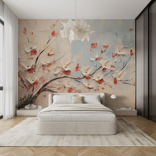 Pintura de uma árvore com flores brancas Papel de parede Pintura de uma árvore com flores brancas