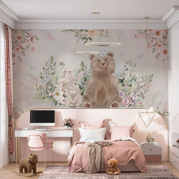Papel de parede Urso e coelho com flores (REF: w01491) Papel de parede Papel de parede Urso e coelho com flores (REF: w01491)