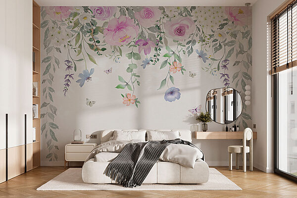 Pintura de flores e borboletas Papel de parede Pintura de flores e borboletas