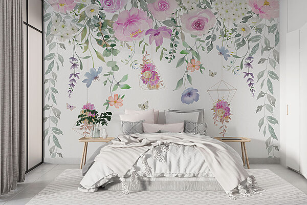 Pintura de flores e borboletas Papel de parede Pintura de flores e borboletas