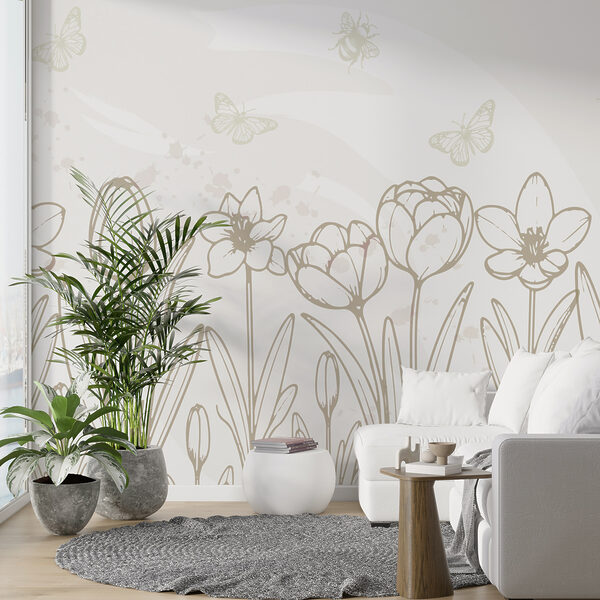Desenho de linhas de flores e borboletas Papel de parede Desenho de linhas de flores e borboletas