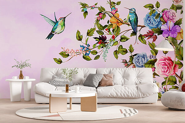 Pintura de pássaros num ramo com flores Papel de parede Pintura de pássaros num ramo com flores