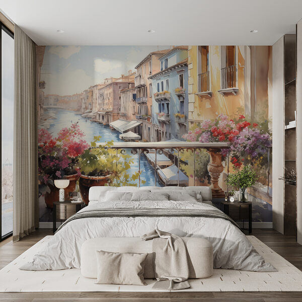 Pintura a aguarela de um rio com uma fila de edifícios e flores numa varanda Papel de parede Pintura a aguarela de um rio com uma fila de edifícios e flores numa varanda