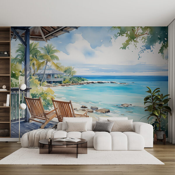 Pintura a aguarela de cadeiras num convés com vista para uma praia Papel de parede Pintura a aguarela de cadeiras num convés com vista para uma praia
